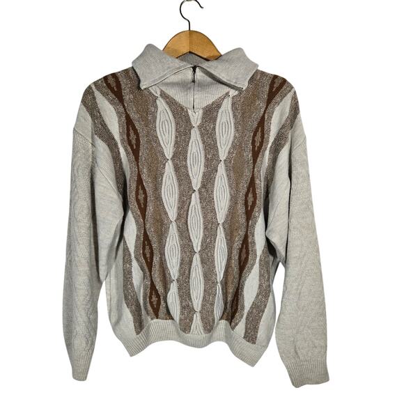 Vtg Bugatchi Wool Blend Geometric Brown Quarter Zip Grandma 70s Funky 3XL - Picture 1 of 9